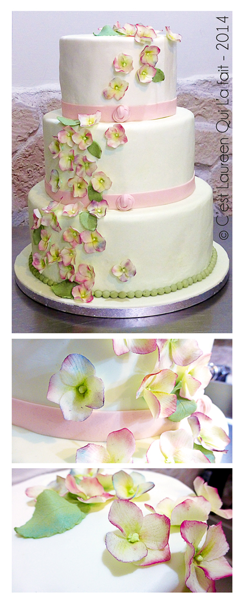 cake design, pièce montée finale, hortensias, pâte à sucre